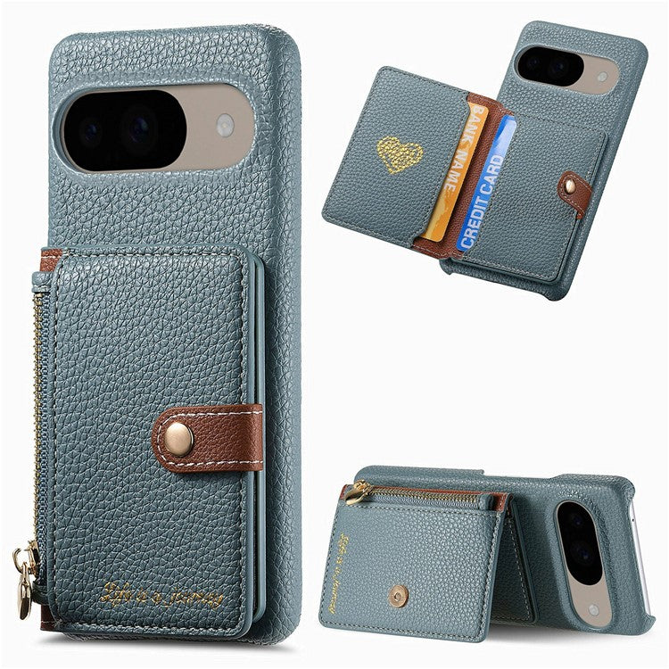 Y4 For Google Pixel 9 Pro  /  Pixel 9 Case Zipper Pocket Leather Phone Back Cover Card Holder Kickstand - Blue