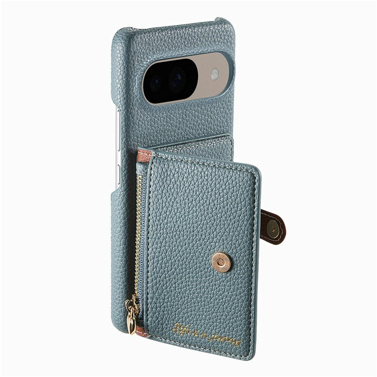 Y4 For Google Pixel 9 Pro  /  Pixel 9 Case Zipper Pocket Leather Phone Back Cover Card Holder Kickstand - Blue