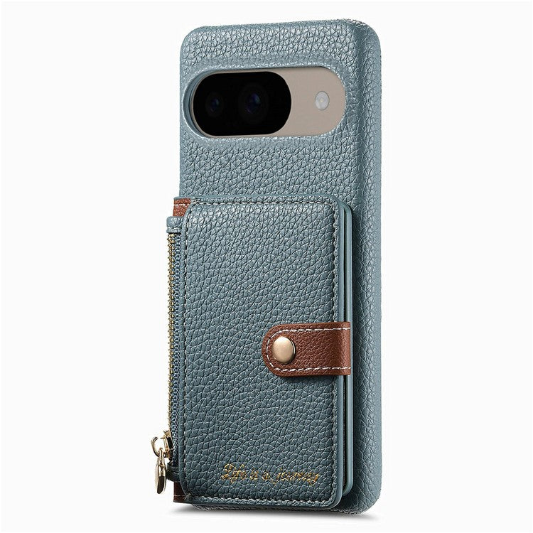 Y4 For Google Pixel 9 Pro  /  Pixel 9 Case Zipper Pocket Leather Phone Back Cover Card Holder Kickstand - Blue