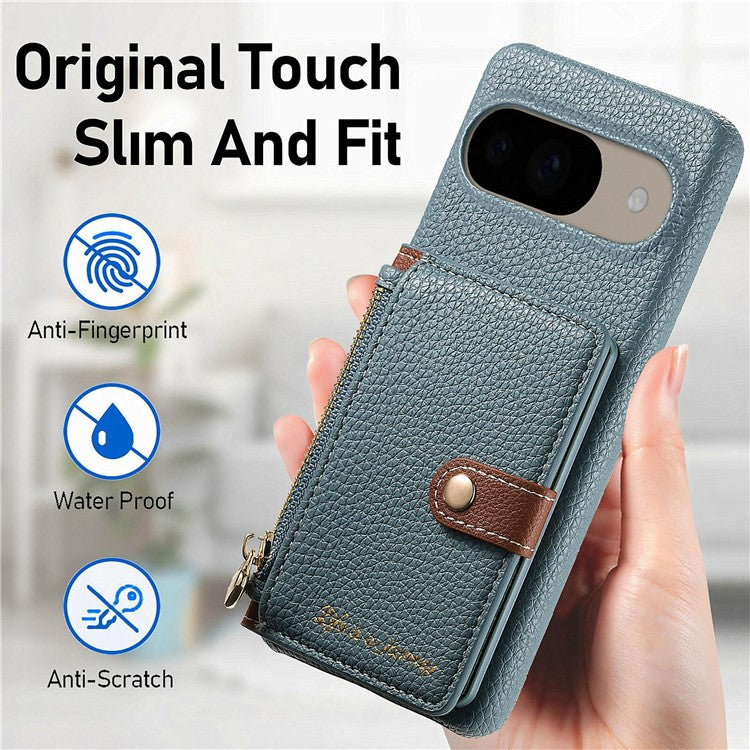 Y4 For Google Pixel 9 Pro  /  Pixel 9 Case Zipper Pocket Leather Phone Back Cover Card Holder Kickstand - Blue