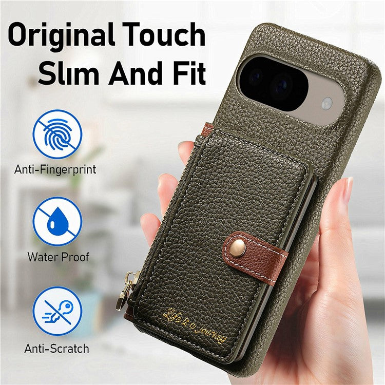 Y4 For Google Pixel 9 Pro  /  Pixel 9 Case Zipper Pocket Leather Phone Back Cover Card Holder Kickstand - Army Green