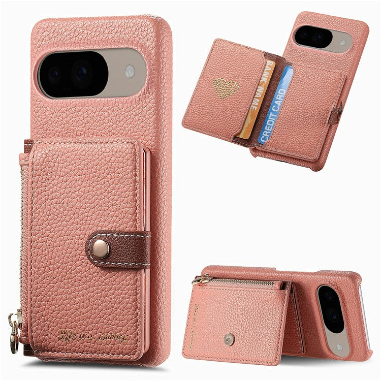 Y4 For Google Pixel 9 Pro  /  Pixel 9 Case Zipper Pocket Leather Phone Back Cover Card Holder Kickstand - Pink