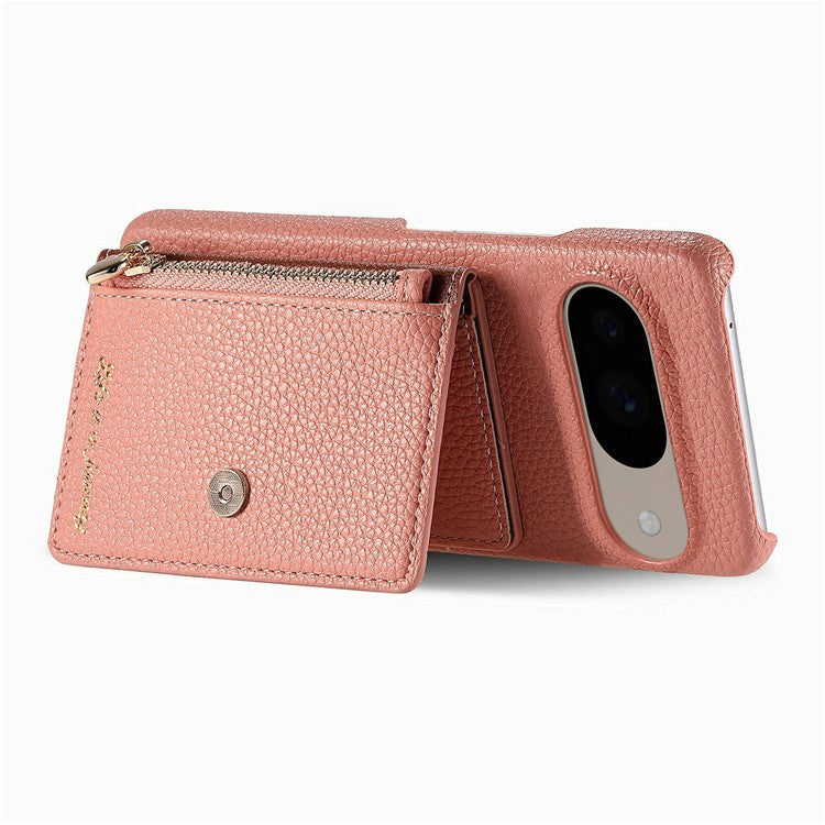 Y4 For Google Pixel 9 Pro  /  Pixel 9 Case Zipper Pocket Leather Phone Back Cover Card Holder Kickstand - Pink