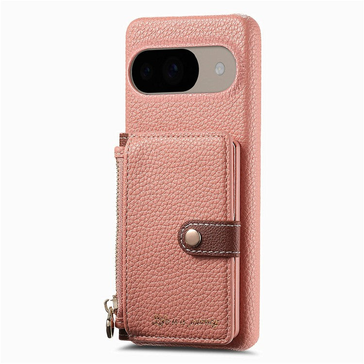 Y4 For Google Pixel 9 Pro  /  Pixel 9 Case Zipper Pocket Leather Phone Back Cover Card Holder Kickstand - Pink