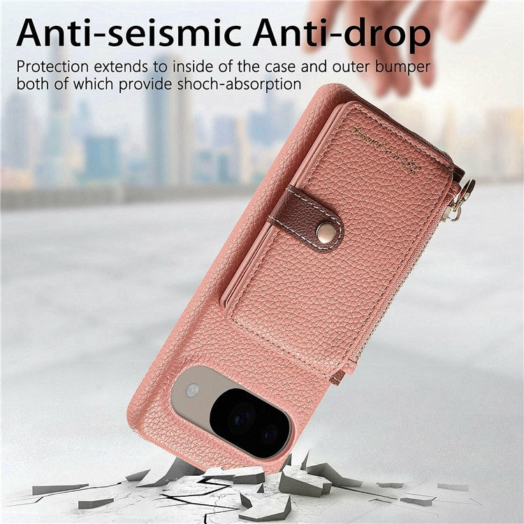 Y4 For Google Pixel 9 Pro  /  Pixel 9 Case Zipper Pocket Leather Phone Back Cover Card Holder Kickstand - Pink