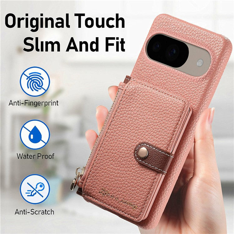 Y4 For Google Pixel 9 Pro  /  Pixel 9 Case Zipper Pocket Leather Phone Back Cover Card Holder Kickstand - Pink