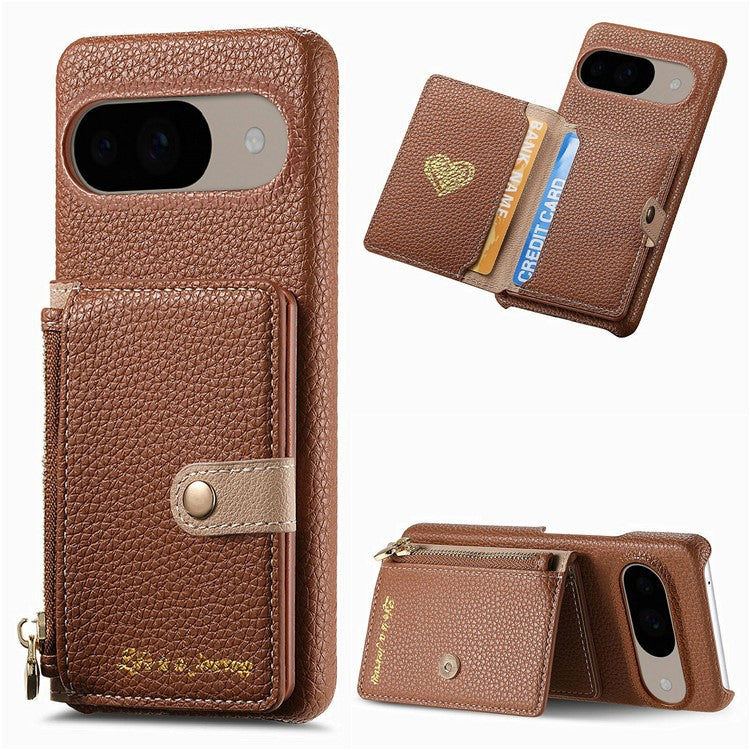 Y4 For Google Pixel 9 Pro  /  Pixel 9 Case Zipper Pocket Leather Phone Back Cover Card Holder Kickstand - Brown