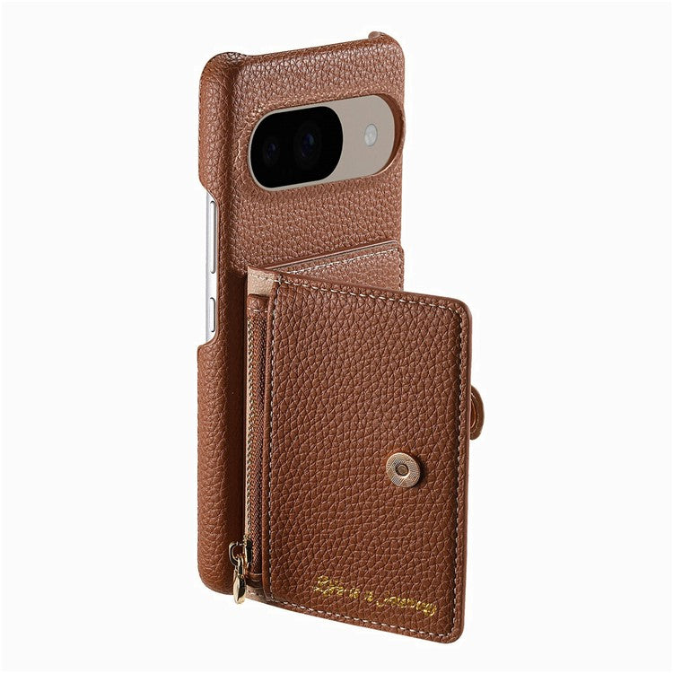 Y4 For Google Pixel 9 Pro  /  Pixel 9 Case Zipper Pocket Leather Phone Back Cover Card Holder Kickstand - Brown