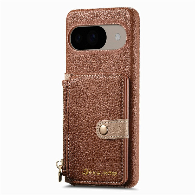 Y4 For Google Pixel 9 Pro  /  Pixel 9 Case Zipper Pocket Leather Phone Back Cover Card Holder Kickstand - Brown