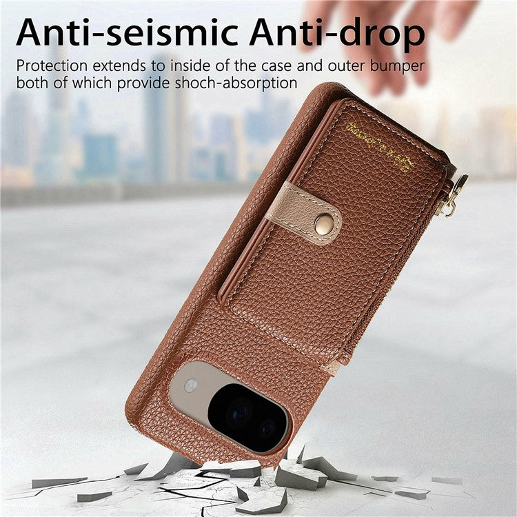 Y4 For Google Pixel 9 Pro  /  Pixel 9 Case Zipper Pocket Leather Phone Back Cover Card Holder Kickstand - Brown