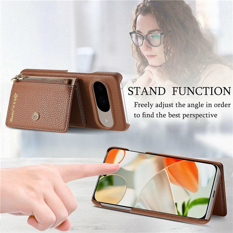 Y4 For Google Pixel 9 Pro  /  Pixel 9 Case Zipper Pocket Leather Phone Back Cover Card Holder Kickstand - Brown