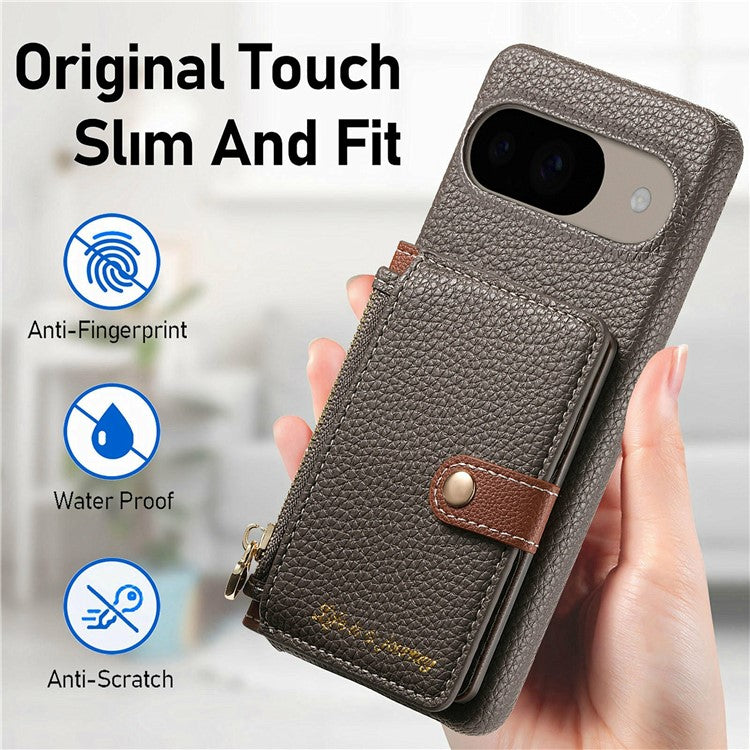 Y4 For Google Pixel 9 Pro  /  Pixel 9 Case Zipper Pocket Leather Phone Back Cover Card Holder Kickstand - Grey