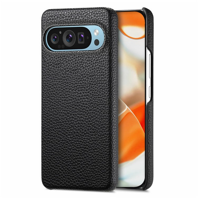 For Google Pixel 9 Pro XL Back Case Litchi Texture PU Leather PC Hard Cover - Black