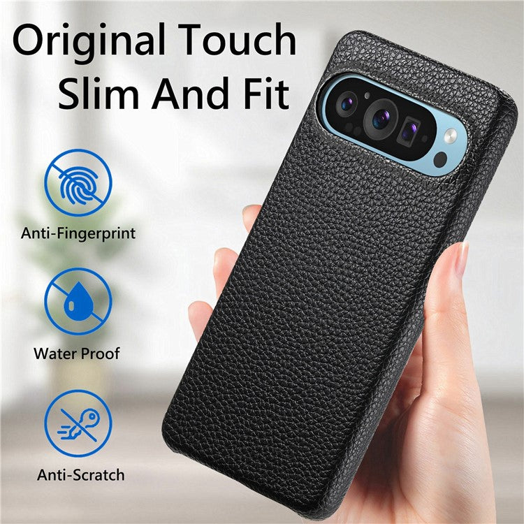 For Google Pixel 9 Pro XL Back Case Litchi Texture PU Leather PC Hard Cover - Black