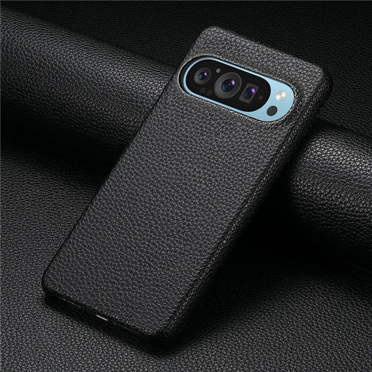 For Google Pixel 9 Pro XL Back Case Litchi Texture PU Leather PC Hard Cover - Black