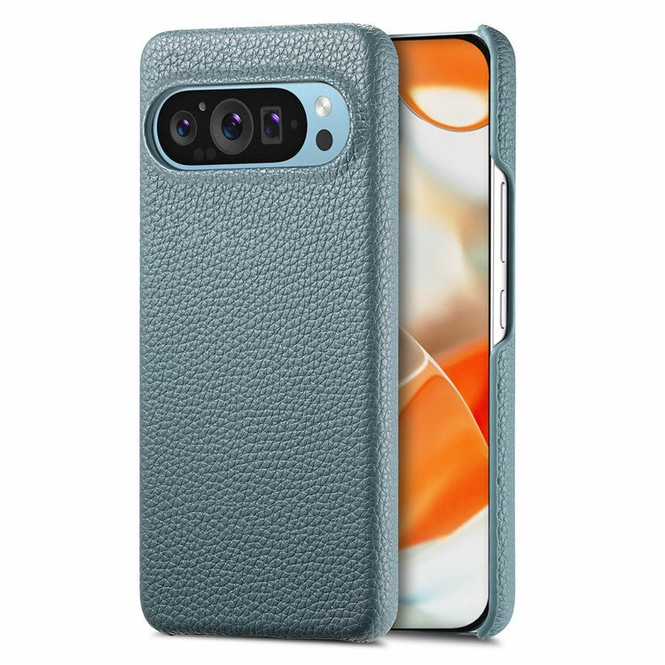 For Google Pixel 9 Pro XL Back Case Litchi Texture PU Leather PC Hard Cover - Blue