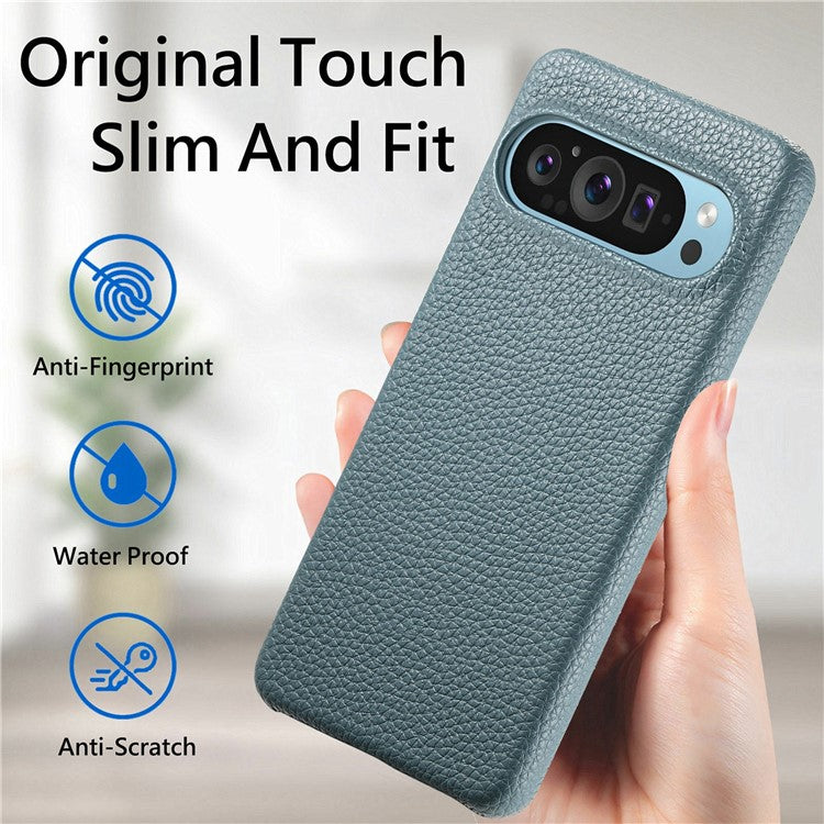 For Google Pixel 9 Pro XL Back Case Litchi Texture PU Leather PC Hard Cover - Blue