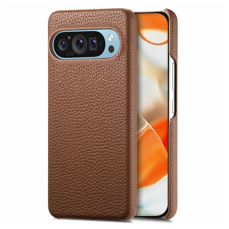 For Google Pixel 9 Pro XL Back Case Litchi Texture PU Leather PC Hard Cover - Brown