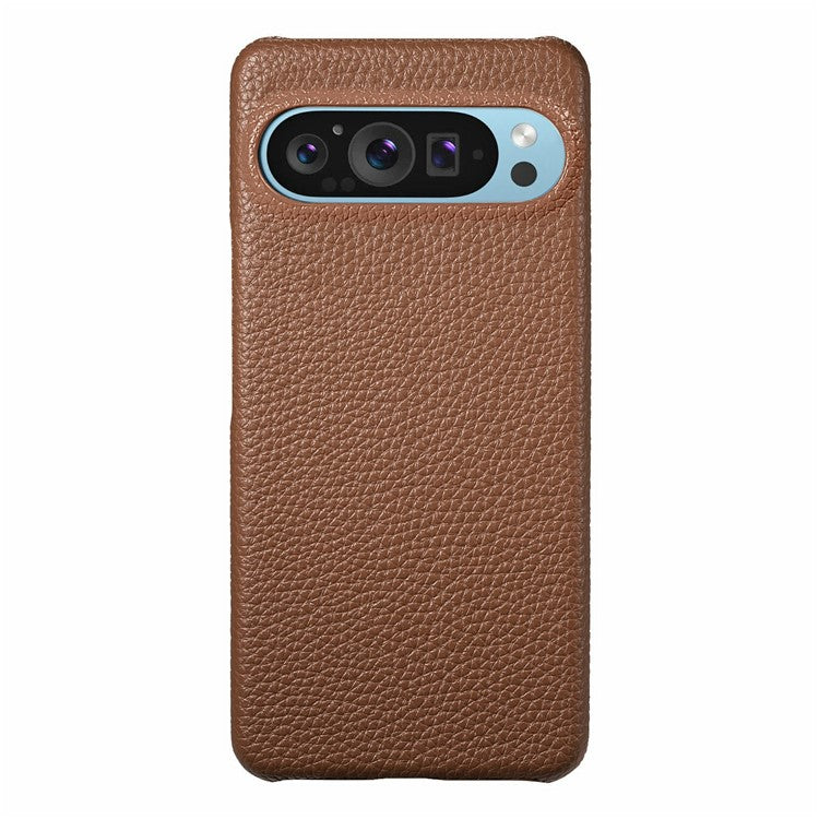 For Google Pixel 9 Pro XL Back Case Litchi Texture PU Leather PC Hard Cover - Brown