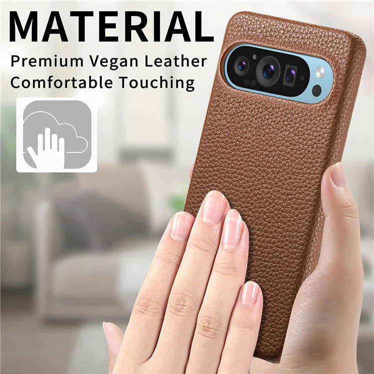 For Google Pixel 9 Pro XL Back Case Litchi Texture PU Leather PC Hard Cover - Brown