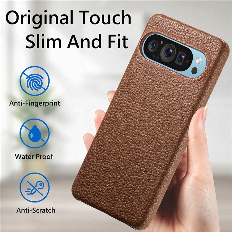 For Google Pixel 9 Pro XL Back Case Litchi Texture PU Leather PC Hard Cover - Brown