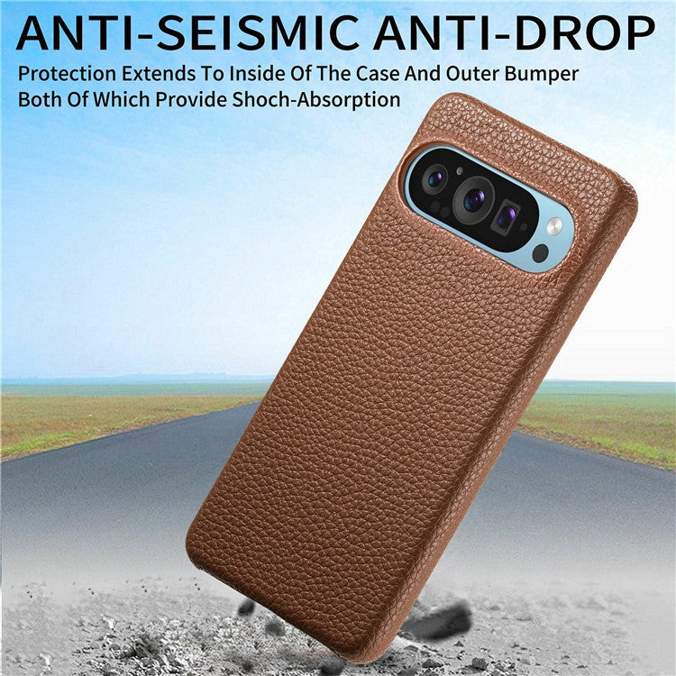 For Google Pixel 9 Pro XL Back Case Litchi Texture PU Leather PC Hard Cover - Brown