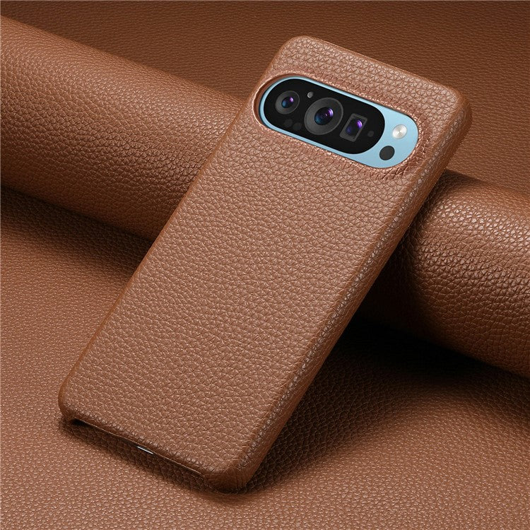 For Google Pixel 9 Pro XL Back Case Litchi Texture PU Leather PC Hard Cover - Brown