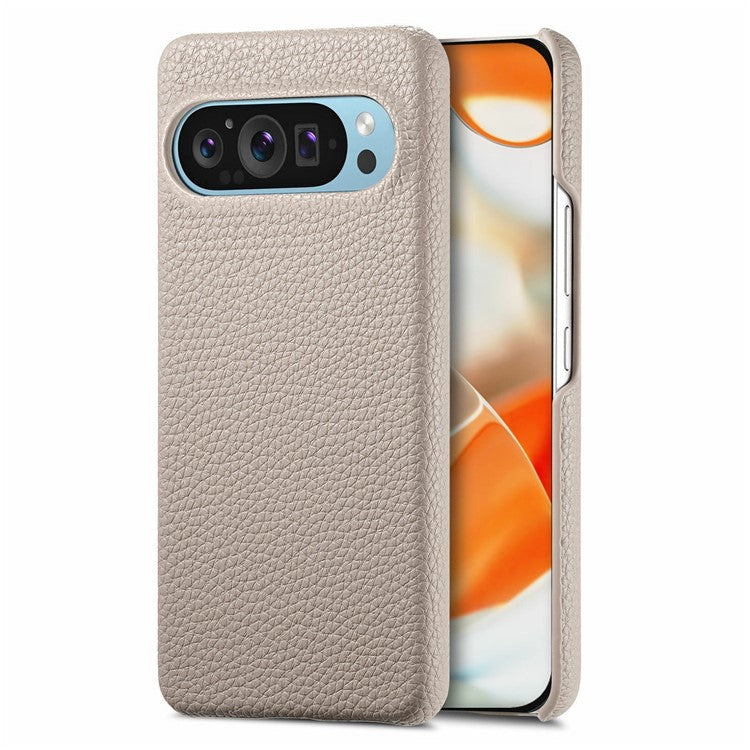 For Google Pixel 9 Pro XL Back Case Litchi Texture PU Leather PC Hard Cover - Khaki