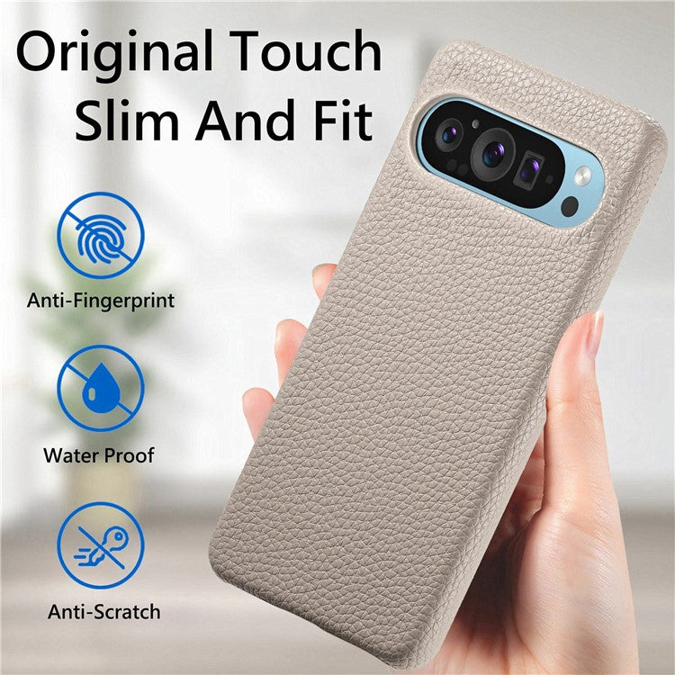 For Google Pixel 9 Pro XL Back Case Litchi Texture PU Leather PC Hard Cover - Khaki