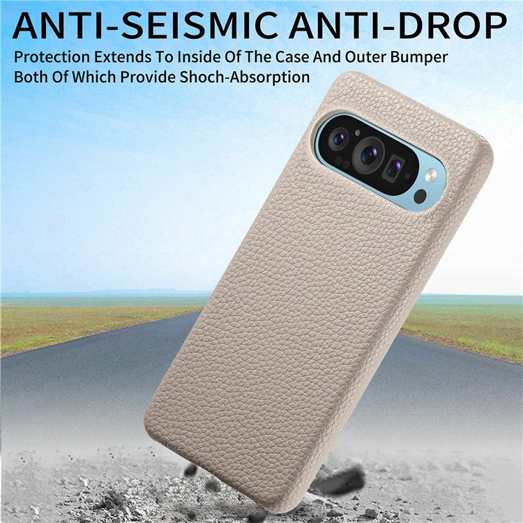 For Google Pixel 9 Pro XL Back Case Litchi Texture PU Leather PC Hard Cover - Khaki