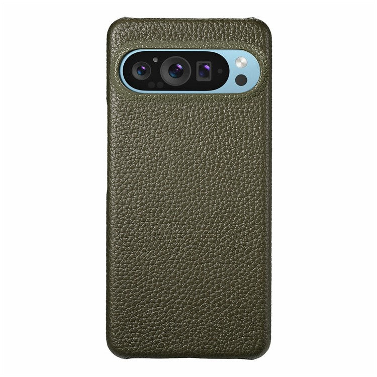 For Google Pixel 9 Pro XL Back Case Litchi Texture PU Leather PC Hard Cover - Army Green