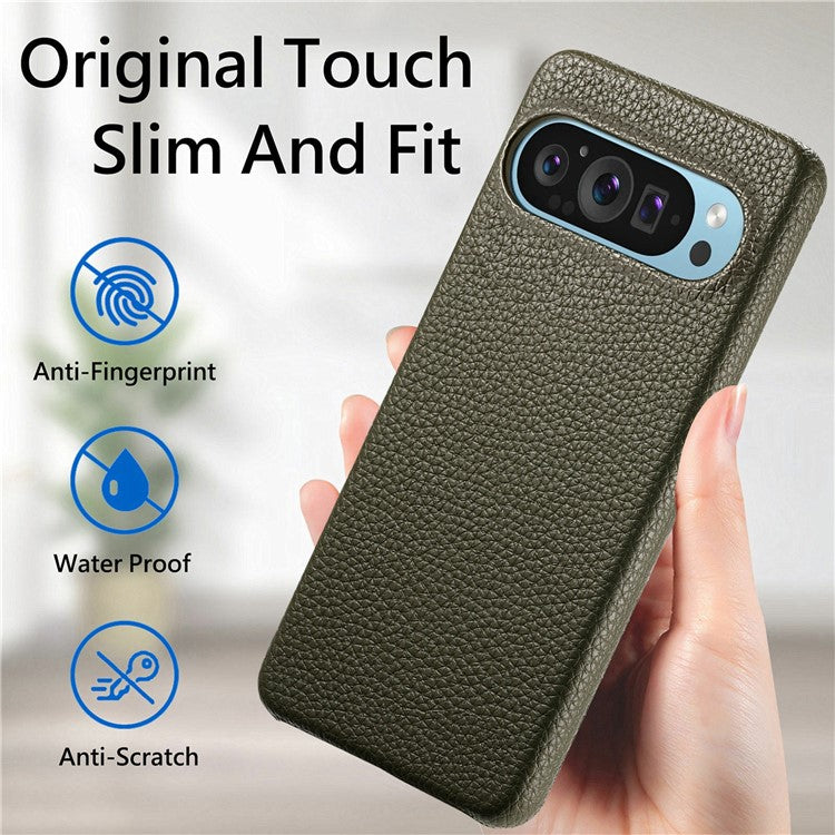 For Google Pixel 9 Pro XL Back Case Litchi Texture PU Leather PC Hard Cover - Army Green