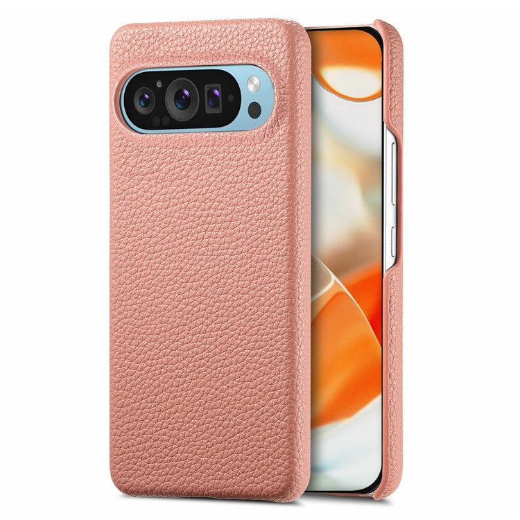 For Google Pixel 9 Pro XL Back Case Litchi Texture PU Leather PC Hard Cover - Pink