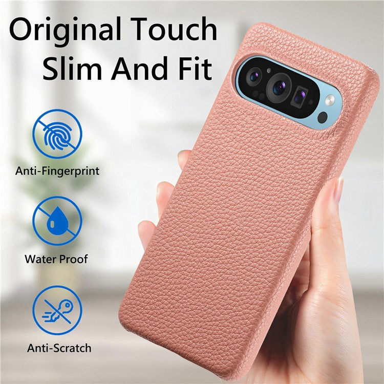 For Google Pixel 9 Pro XL Back Case Litchi Texture PU Leather PC Hard Cover - Pink