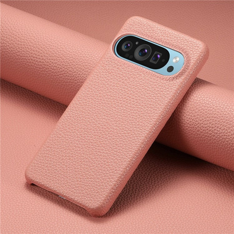 For Google Pixel 9 Pro XL Back Case Litchi Texture PU Leather PC Hard Cover - Pink