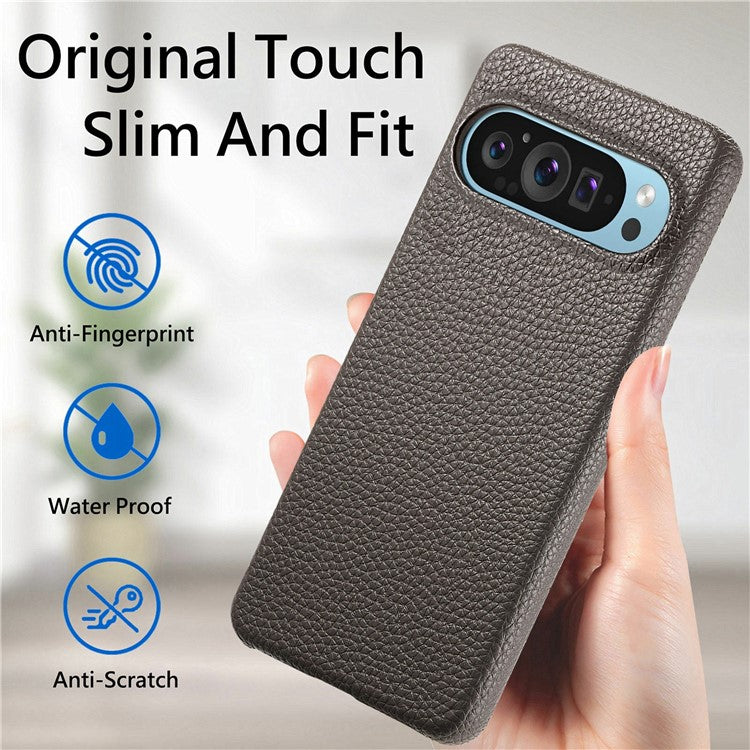 For Google Pixel 9 Pro XL Back Case Litchi Texture PU Leather PC Hard Cover - Grey