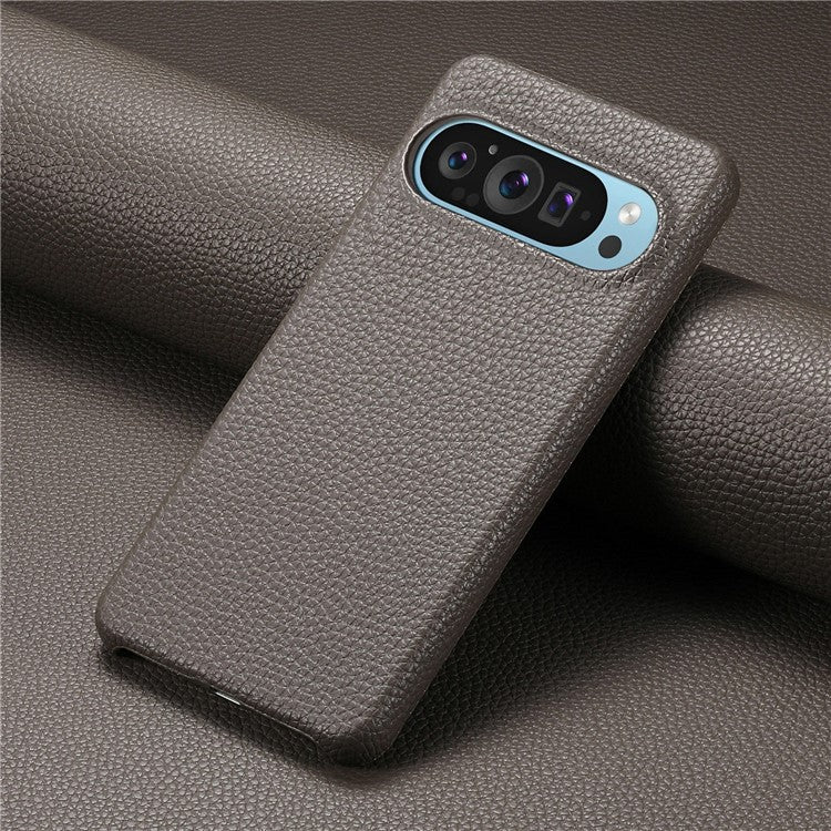 For Google Pixel 9 Pro XL Back Case Litchi Texture PU Leather PC Hard Cover - Grey