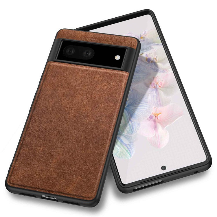 For Google Pixel 7 5G Well-protected Back Case, Retro PU Leather Coated TPU+PC Phone Cover - Brown