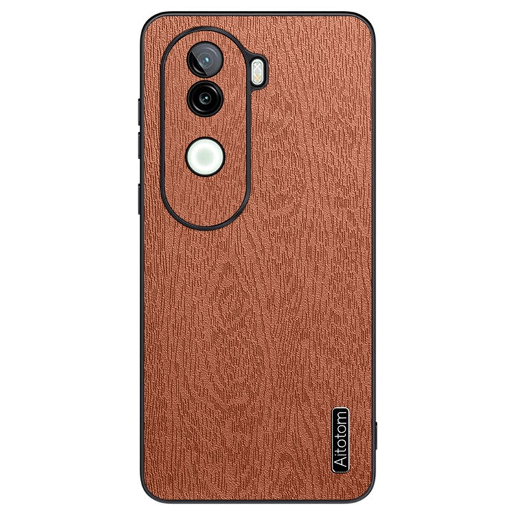 For vivo V40e 5G Case Wood Texture PU Leather Coated PC+TPU Phone Cover - Brown