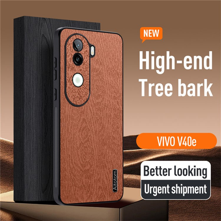 For vivo V40e 5G Case Wood Texture PU Leather Coated PC+TPU Phone Cover - Brown