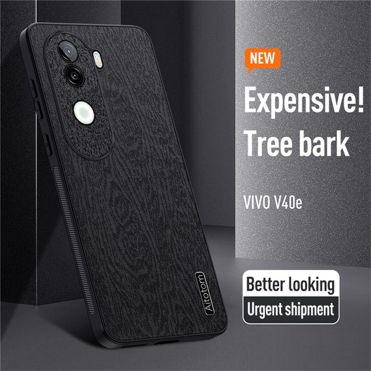 For vivo V40e 5G Case Wood Texture PU Leather Coated PC+TPU Phone Cover - Brown