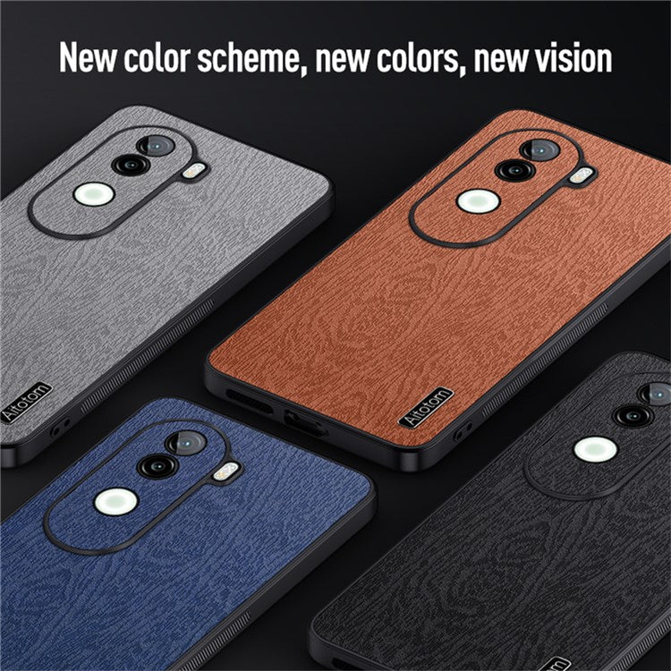 For vivo V40e 5G Case Wood Texture PU Leather Coated PC+TPU Phone Cover - Brown