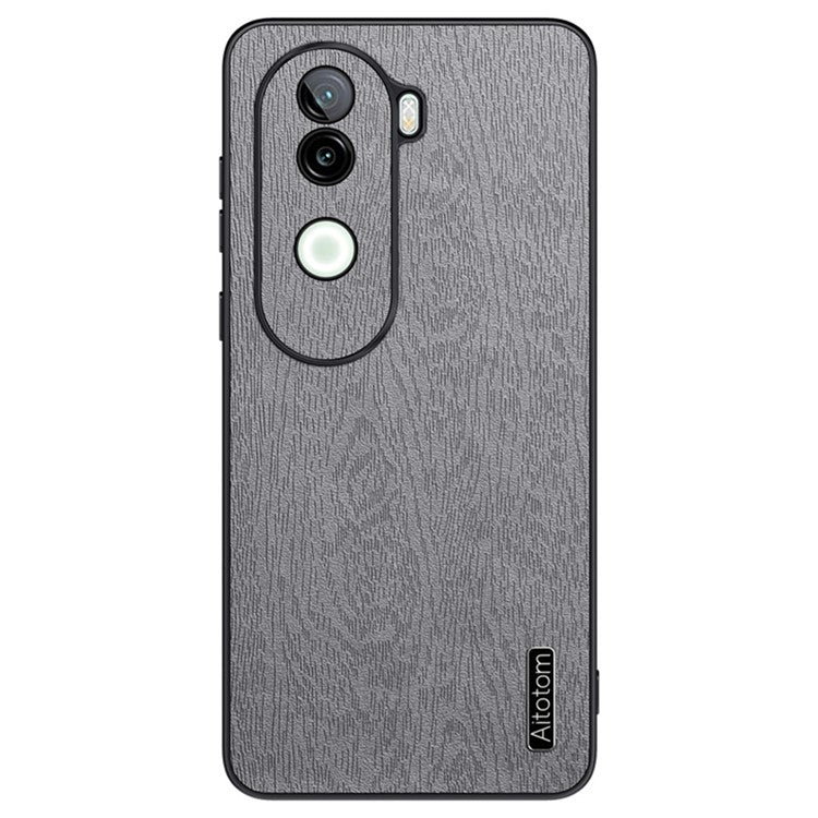 For vivo V40e 5G Case Wood Texture PU Leather Coated PC+TPU Phone Cover - Grey