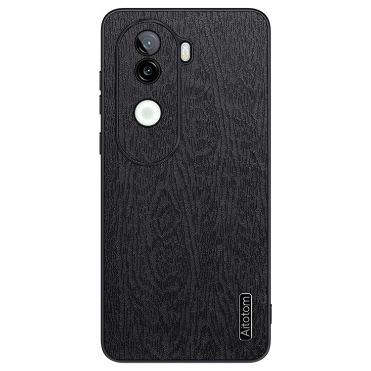 For vivo V40e 5G Case Wood Texture PU Leather Coated PC+TPU Phone Cover - Black