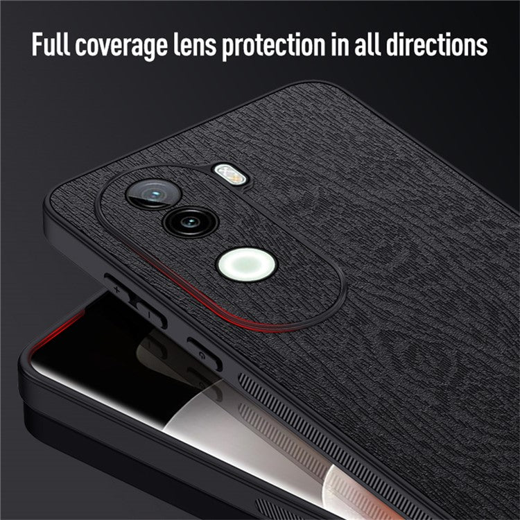 For vivo V40e 5G Case Wood Texture PU Leather Coated PC+TPU Phone Cover - Black