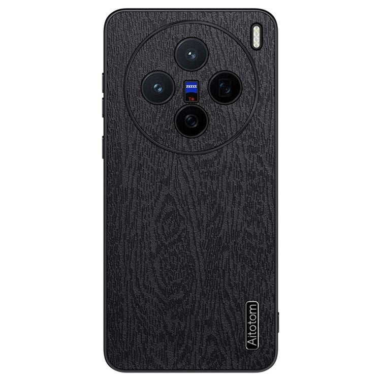 For vivo X200 5G Case Wood Texture PU Leather Coated PC+TPU Phone Cover - Black