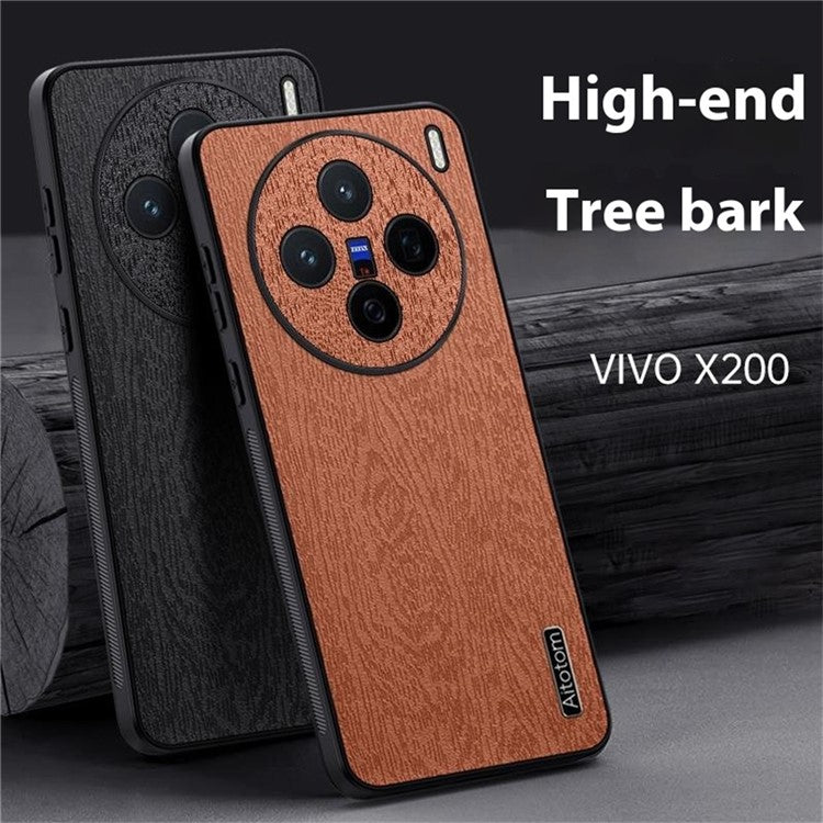 For vivo X200 5G Case Wood Texture PU Leather Coated PC+TPU Phone Cover - Black