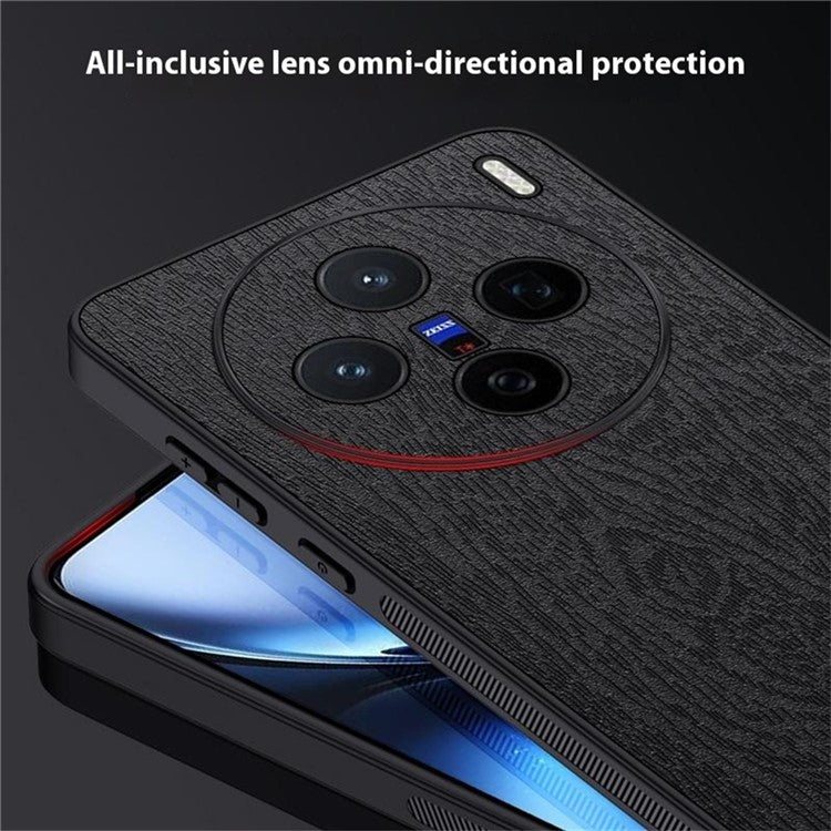 For vivo X200 5G Case Wood Texture PU Leather Coated PC+TPU Phone Cover - Black