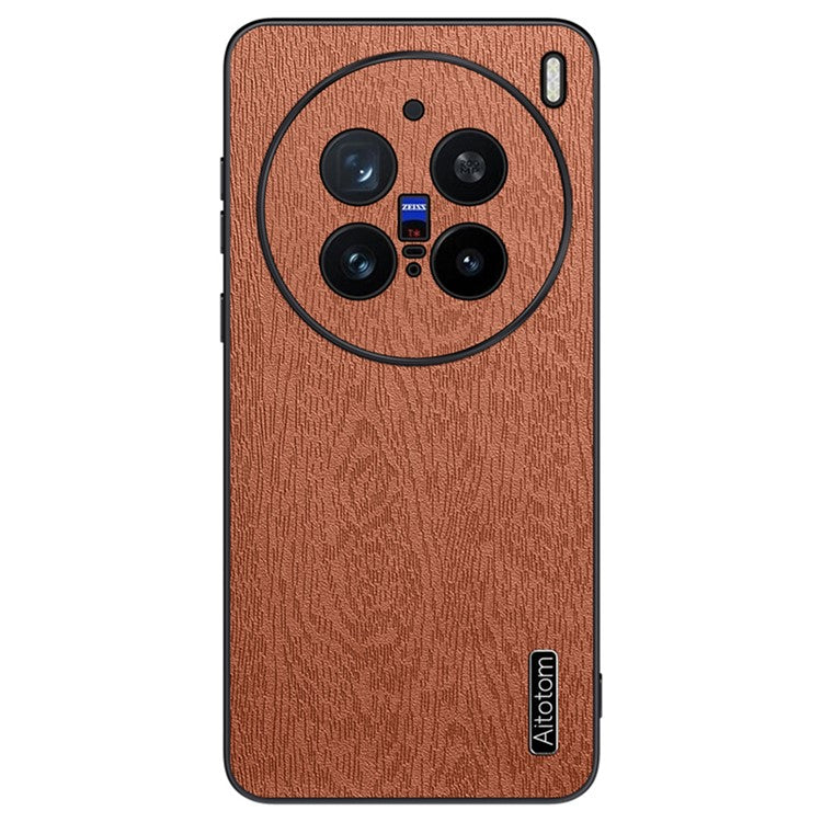 For vivo X200 Pro 5G Case Wood Texture PU Leather Coated PC+TPU Phone Cover - Brown