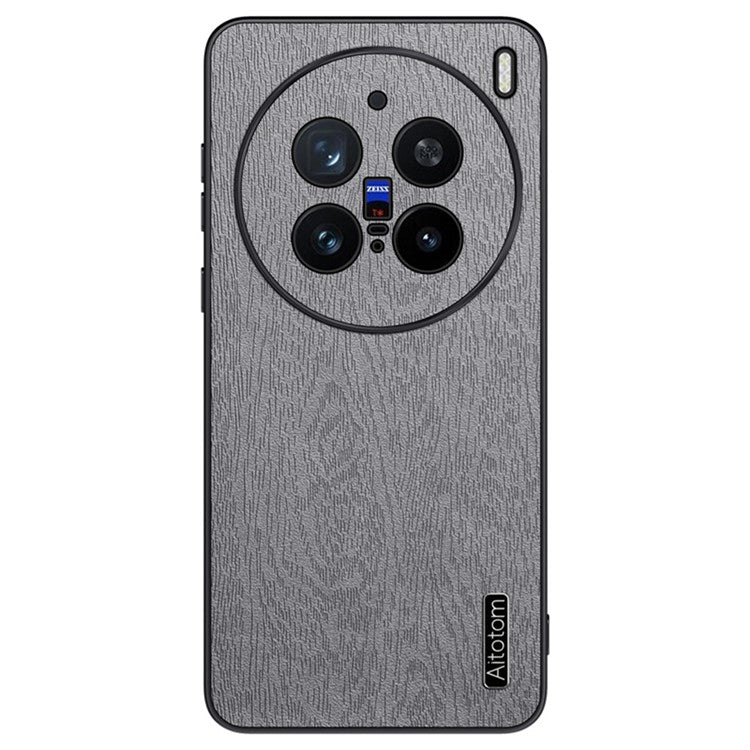 For vivo X200 Pro 5G Case Wood Texture PU Leather Coated PC+TPU Phone Cover - Grey